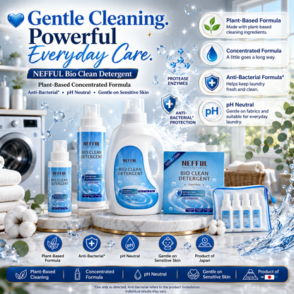NEFFUL Bio Clean Detergent (125mL / 500mL / 1200mL / Travel Pack)

Plant-Based Concentrated Bio Clean Laundry Detergent | Anti-Bacterial* | pH Neutral | Gentle on Sensitive Skin