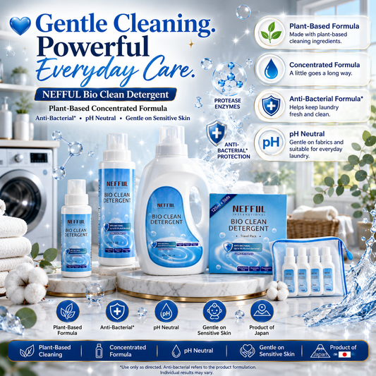 NEFFUL Bio Clean Detergent (125mL / 500mL / 1200mL / Travel Pack)

Plant-Based Concentrated Bio Clean Laundry Detergent | Anti-Bacterial* | pH Neutral | Gentle on Sensitive Skin