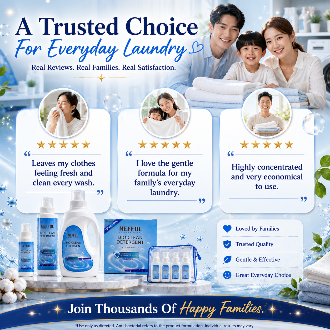 NEFFUL Bio Clean Detergent (125mL / 500mL / 1200mL / Travel Pack)

Plant-Based Concentrated Bio Clean Laundry Detergent | Anti-Bacterial* | pH Neutral | Gentle on Sensitive Skin