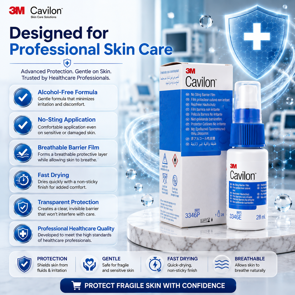 3M™ Cavilon™ No Sting Barrier Film 3346E (28ml) | Skin Protection Spray | Alcohol-Free Barrier Film | Wound & Skin Care